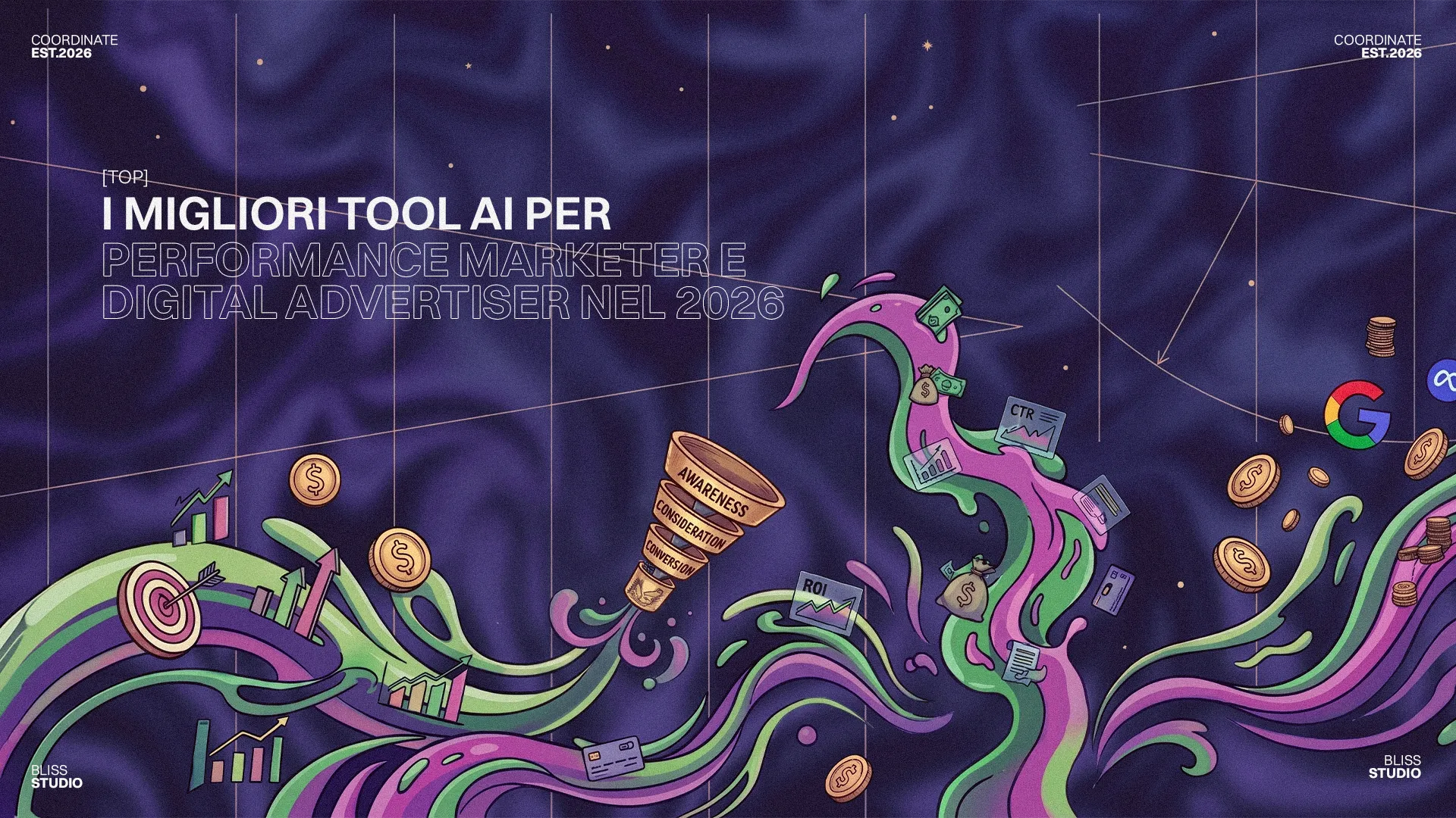 I migliori tool AI per performance marketing 2026: funnel di conversione, ROI, dati e icone di Google e Meta per digital advertiser.