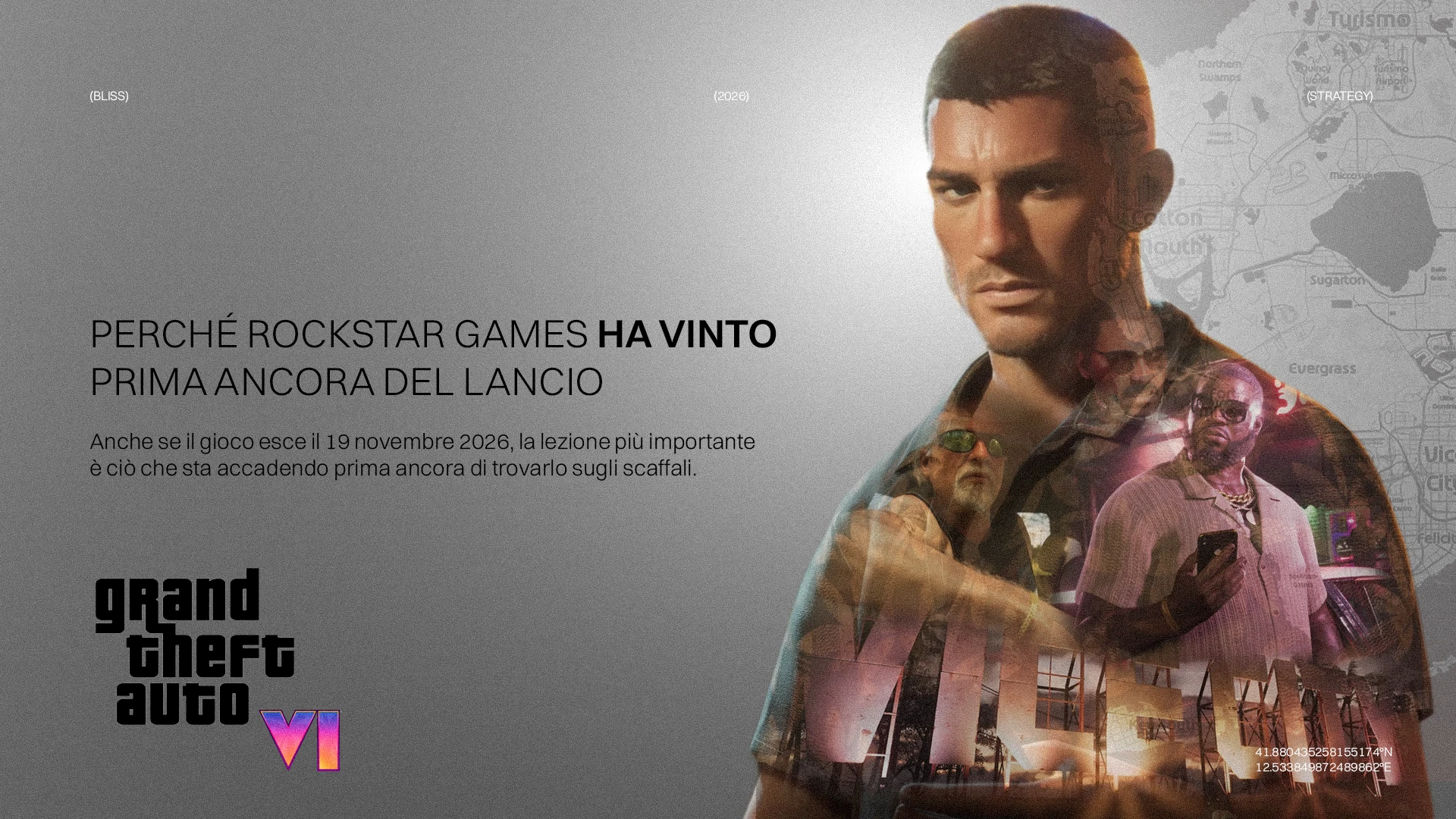 Volti sovrapposti di personaggi maschili e mappa sullo sfondo, con logo "Grand Theft Auto VI".