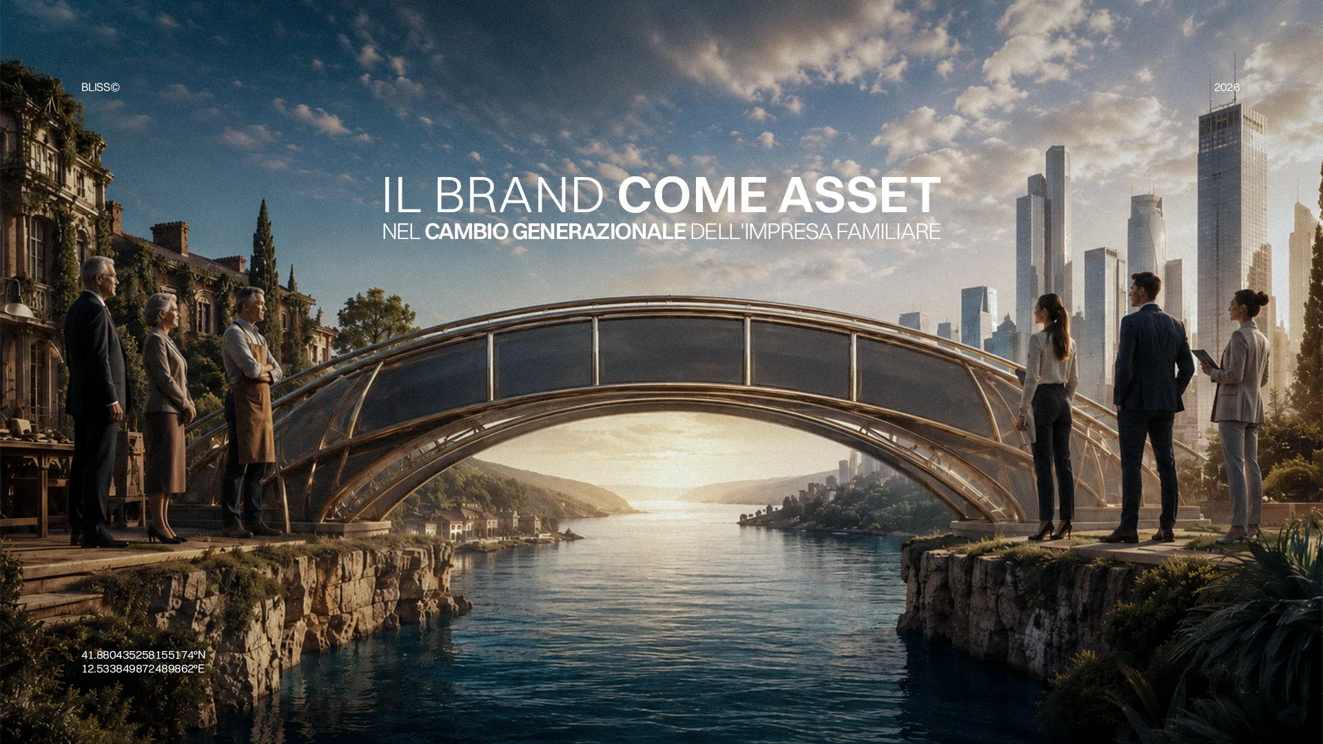 Il brand come asset nel cambio generazionale: ponte tra passato e futuro dell'impresa familiare, con skyline e figure professionali.