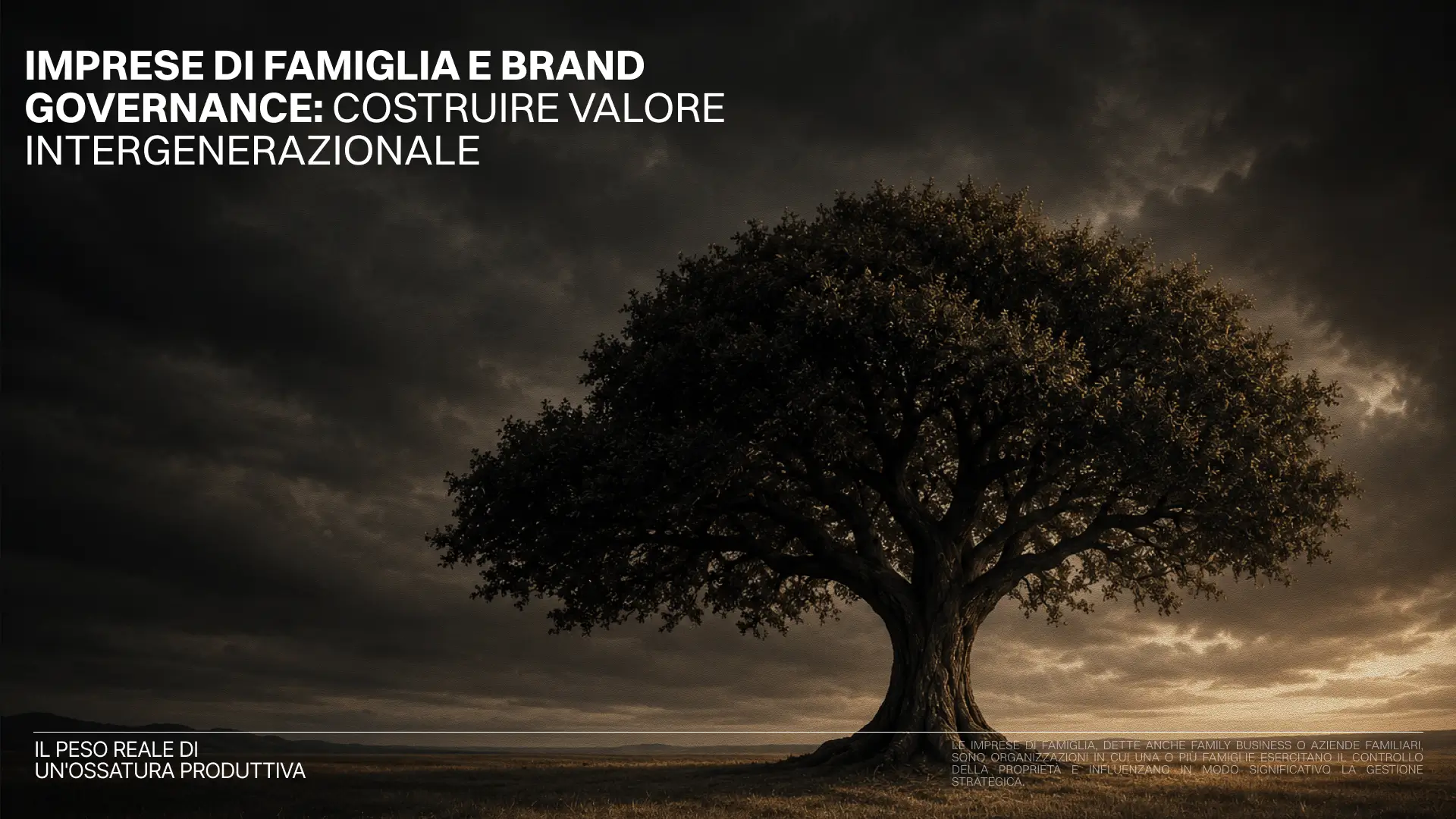 Albero solitario sotto un cielo nuvoloso, simbolo di "Imprese di Famiglia e Brand Governance: costruire valore intergenerazionale".