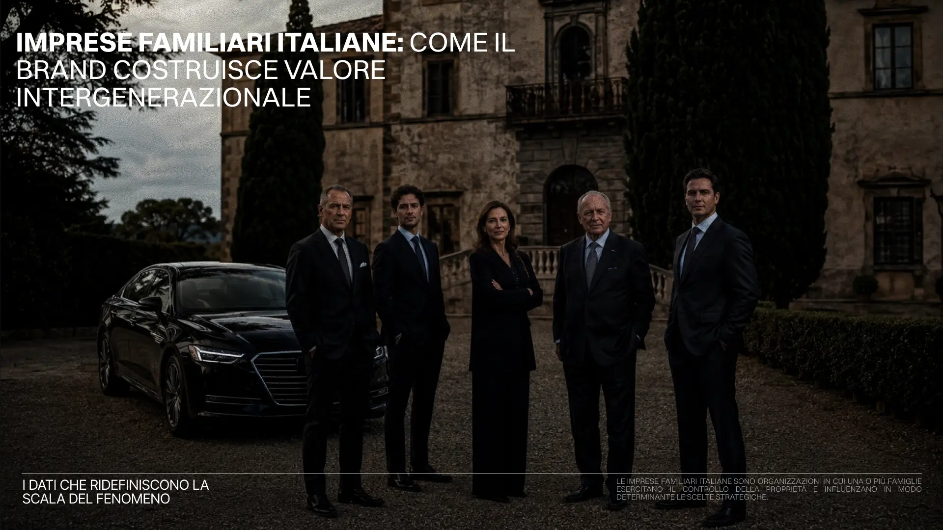 Cinque persone in abiti formali in posa davanti a un'auto nera e un edificio, con testo "IMPRESE FAMILIARI ITALIANE: COME IL BRAND COSTRUISCE VALORE INTERGENERAZIONALE".