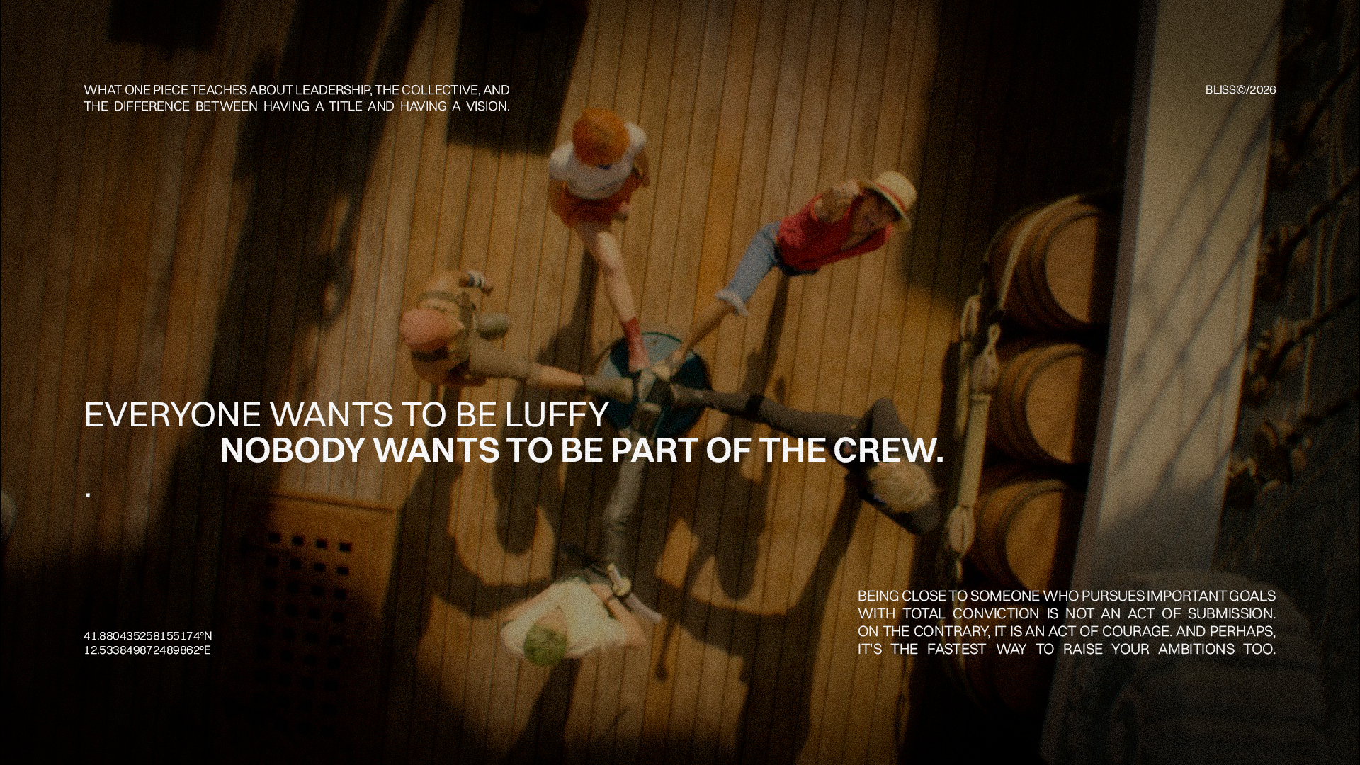 Immagine aerea dei personaggi di One Piece su una nave, con il testo "Tutti vogliono essere Luffy". Bozza automatica.