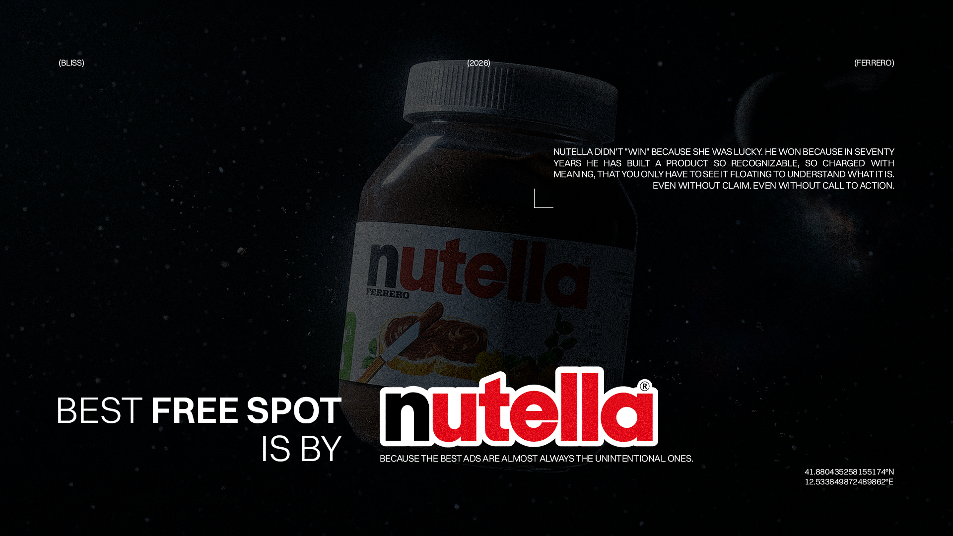 Barattolo di Nutella Ferrero su sfondo scuro. Crema spalmabile alla nocciola, ideale per colazione e merenda. Bozza automatica Nutella.