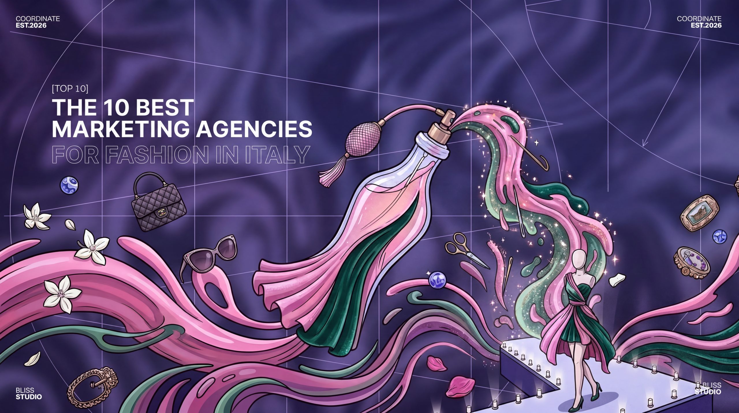 Le 10 migliori agenzie di marketing della moda in Italia. Immagine con profumo, borsa, accessori e sfilata di moda. Agenzie top fashion Italia.