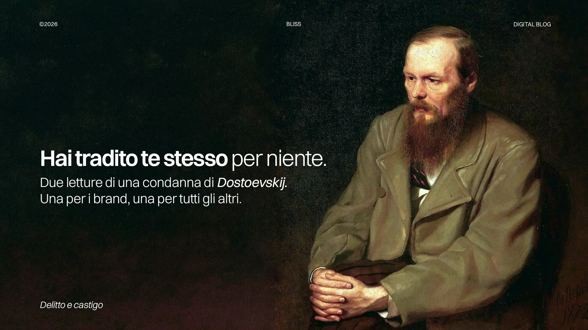 Ritratto di Dostoevskij per articolo su "Delitto e Castigo". Analisi del libro e del tradimento di sé stessi. Romanzo russo e letteratura.