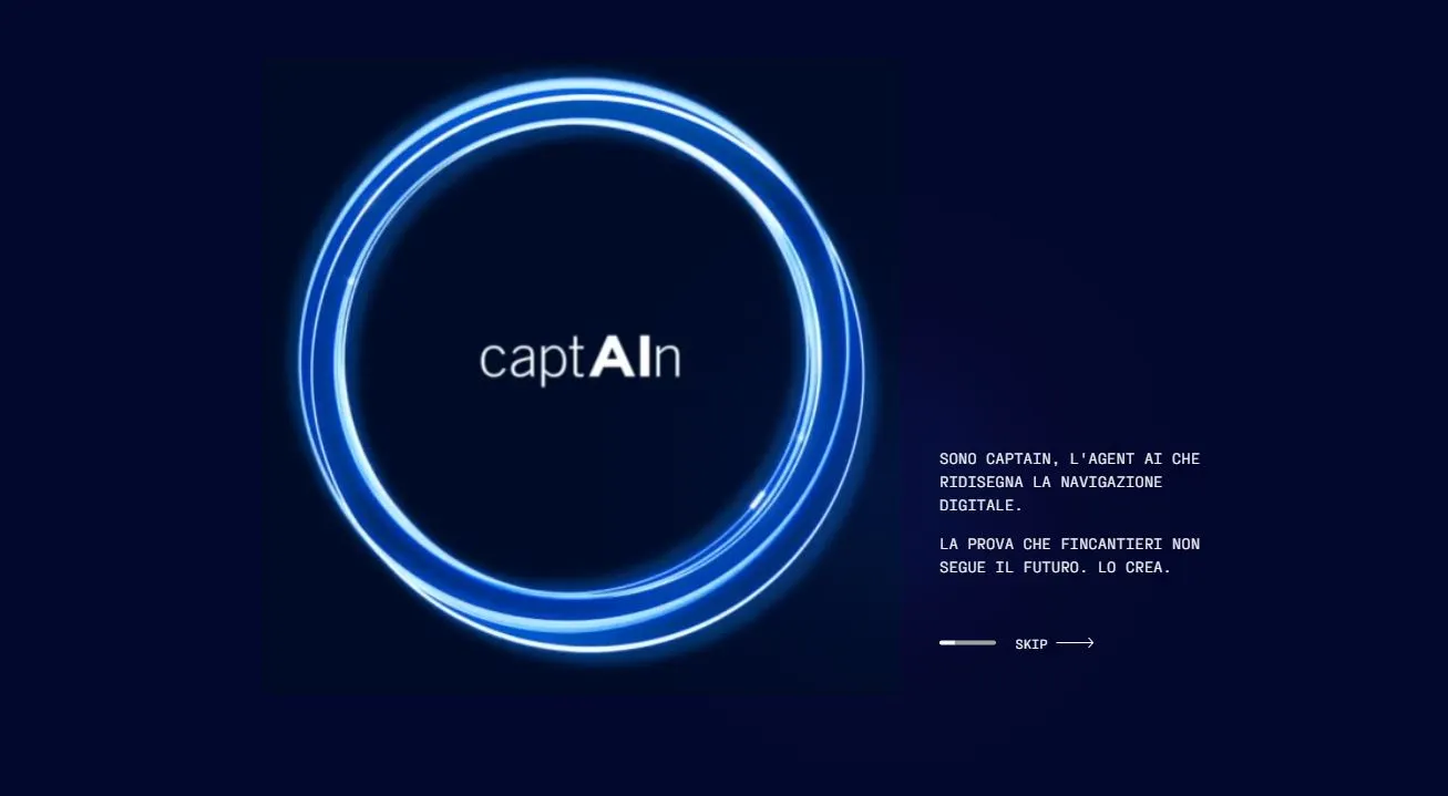 Logo CaptAIn su sfondo blu scuro con cerchi luminosi, testo 'SONO CAPTAIN, L'AGENT AI CHE RIDISEGNA LA NAVIGAZIONE DIGITALE.'