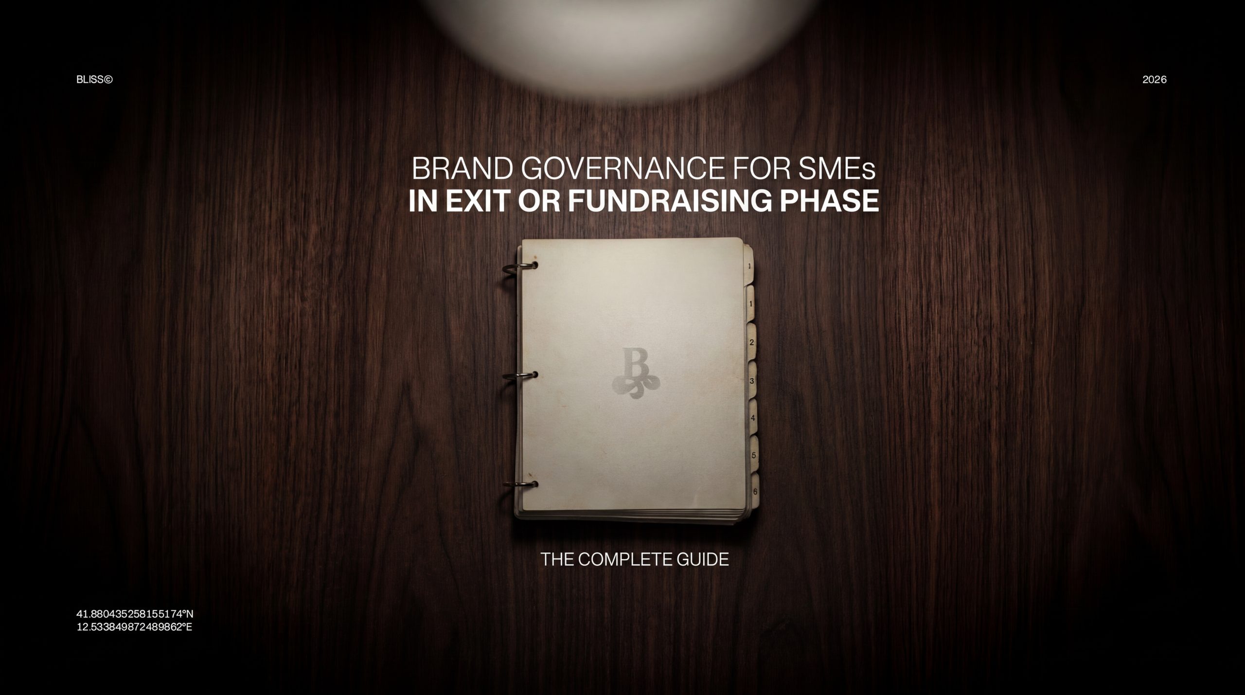 Brand Governance Guide: Manuale PME per Exit o Fundraising. Copertina con logo su sfondo legno scuro. Guida completa per la gestione del brand.