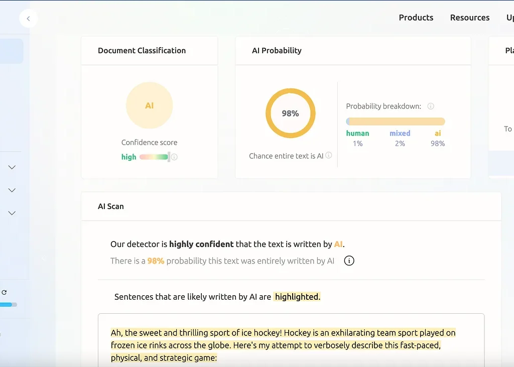 GPTZero interface showing the percentage probability that a text was generated by artificial intelligence.