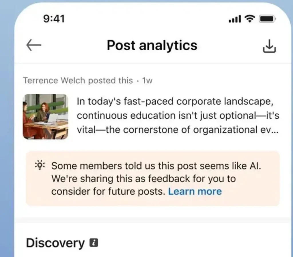 LinkedIn screen with a notice flagging a post perceived by users as AI slop content.
