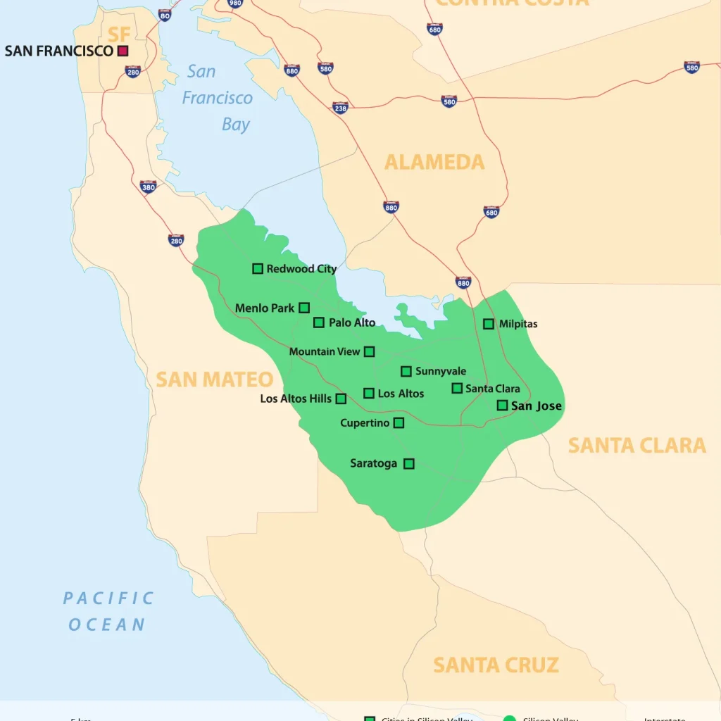 Map of Silicon Valley showing the main cities within the Californian technology cluster.