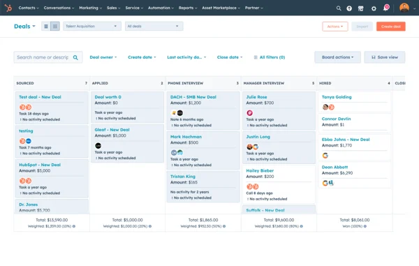 Pipeline commerciale HubSpot CRM con opportunità organizzate nelle diverse fasi del processo di vendita.