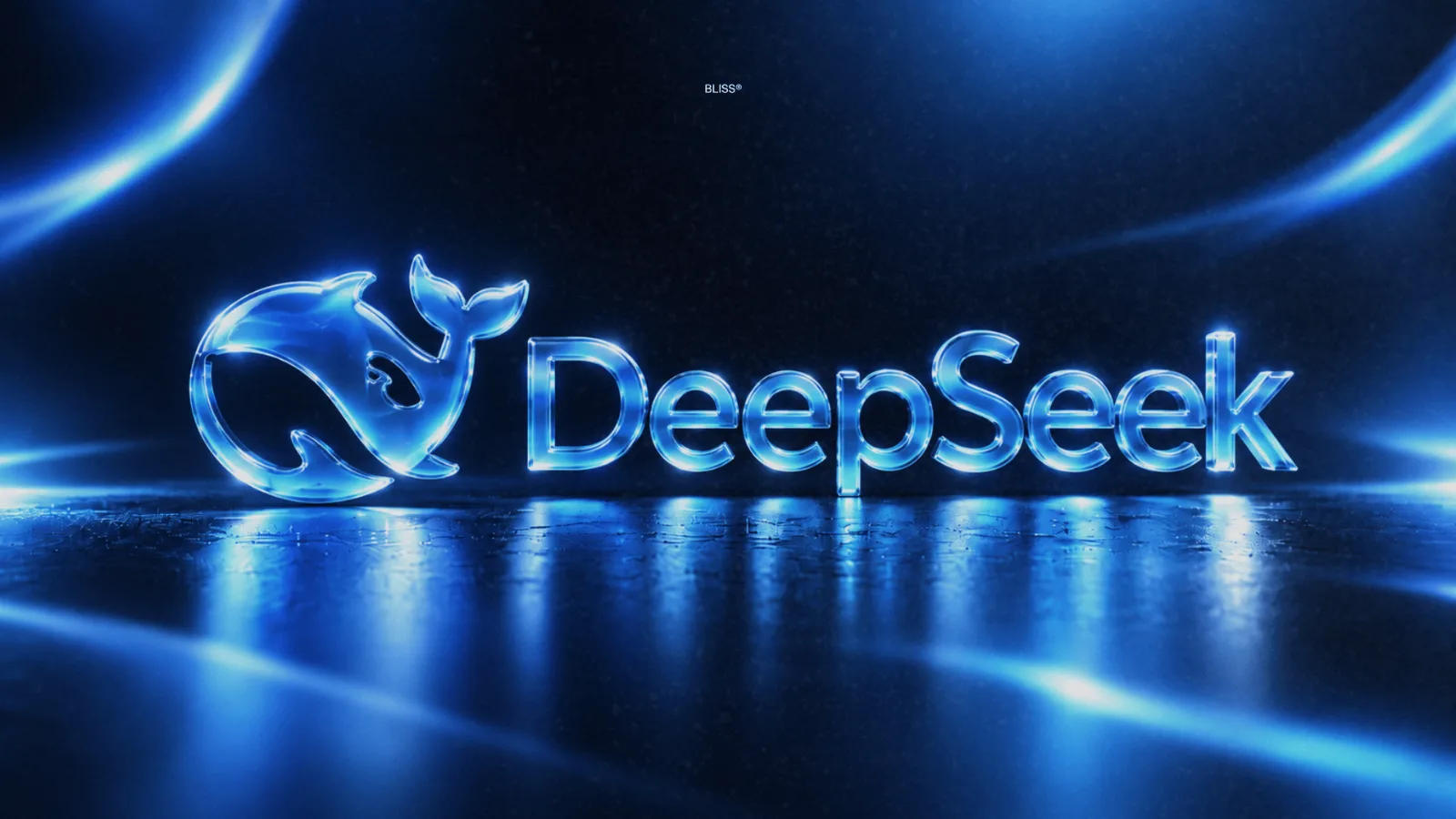 logo deepseek in liquid glass, copertina magazine digitale di Bliss